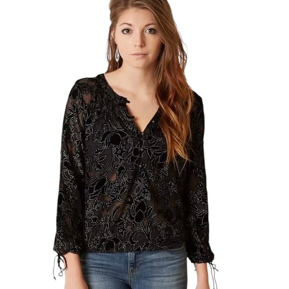 Lucky Brand Black Velvet Burnout Top MED Whimsigoth Vamp Witchy Dark Romance - Picture 1 of 11